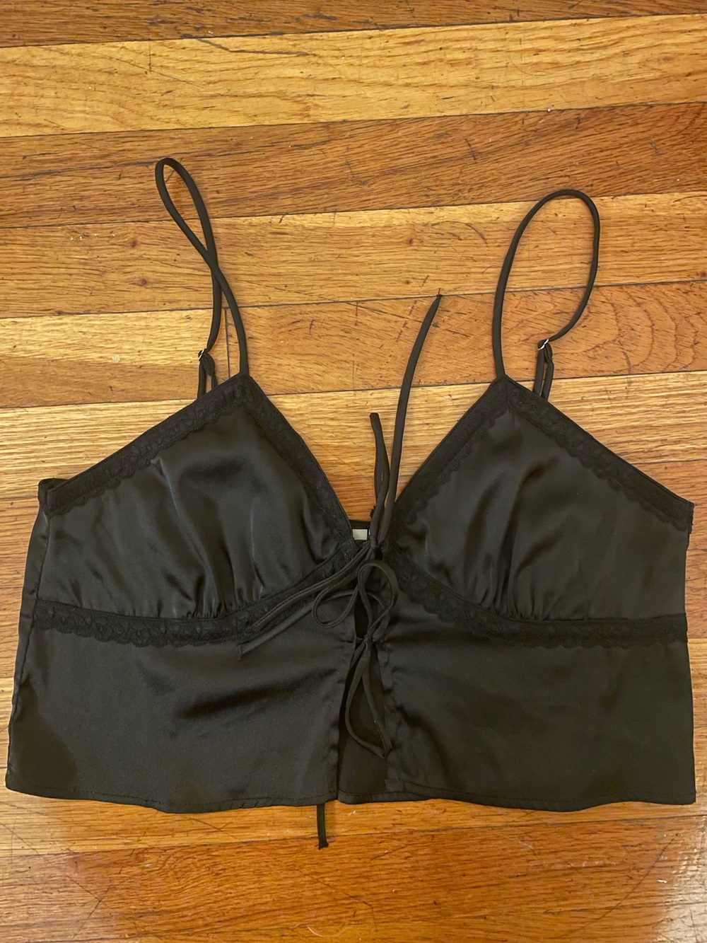 Women's Black Satin Lace-Trim tie detail camisole